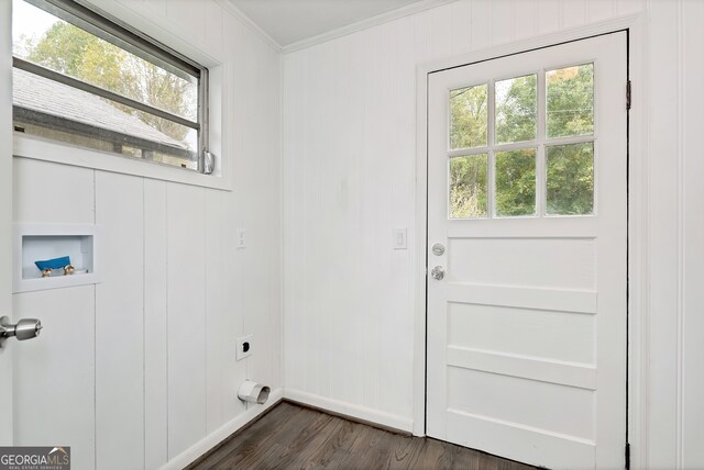 laundry area with a wealth of natural light, hookup for an electric dryer, dark hardwood / wood-style floors, and washer hookup