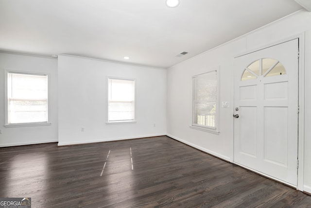 entryway with crown molding, dark hardwood / wood-style floors, and a wealth of natural light