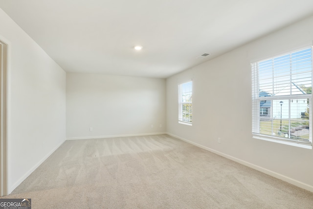 spare room featuring plenty of natural light and light colored carpet