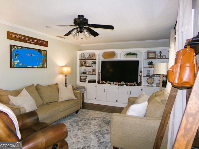 living room featuring crown molding, dark hardwood / wood-style flooring, and ceiling fan