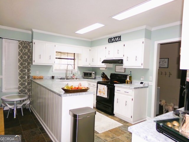 kitchen with sink, electric range, kitchen peninsula, white cabinets, and crown molding