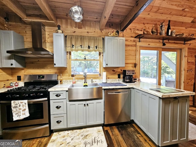 kitchen featuring wood walls, wall chimney exhaust hood, dark wood-type flooring, and appliances with stainless steel finishes
