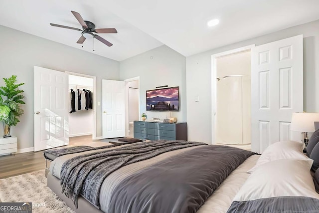 bedroom featuring a closet, ceiling fan, hardwood / wood-style floors, and a spacious closet