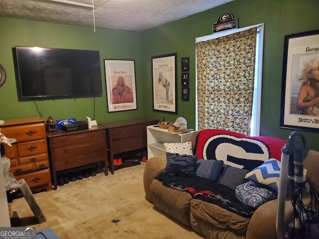 carpeted bedroom with a textured ceiling