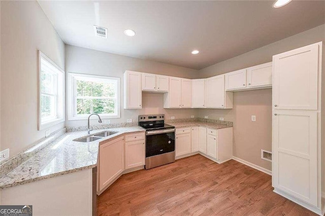 kitchen with sink, white cabinets, stainless steel range with electric stovetop, and light hardwood / wood-style floors