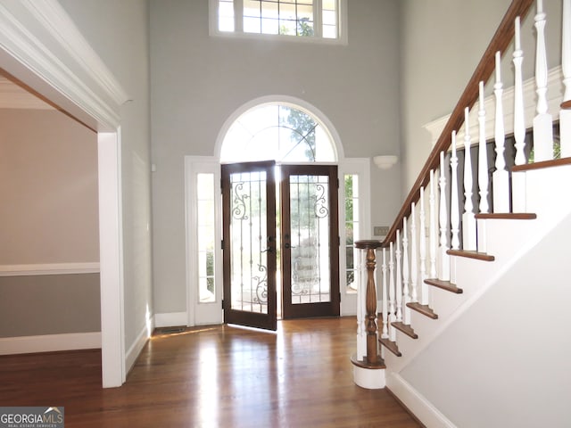 foyer featuring a high ceiling and dark hardwood / wood-style flooring