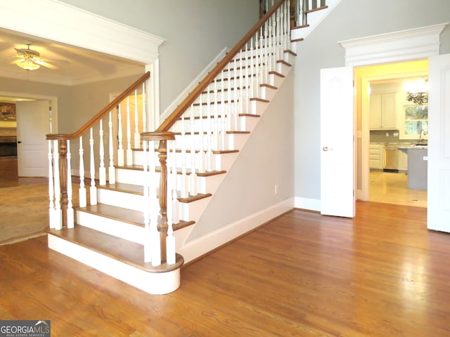 stairs featuring ceiling fan, wood-type flooring, and ornamental molding