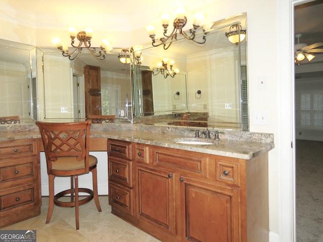 bathroom featuring ornamental molding, sink, and ceiling fan