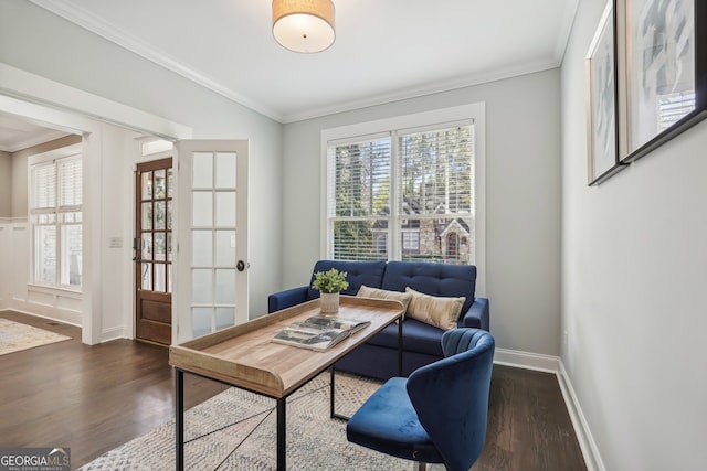 office space featuring french doors, dark wood-type flooring, and crown molding