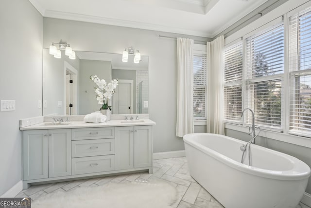 bathroom with vanity, crown molding, separate shower and tub, and plenty of natural light