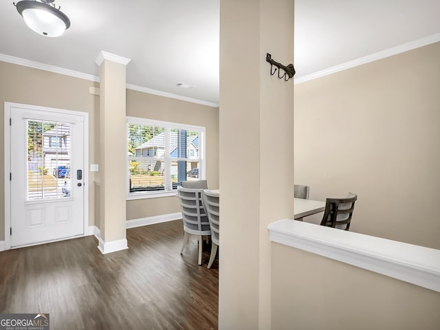 entryway featuring crown molding, a healthy amount of sunlight, and dark hardwood / wood-style flooring