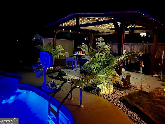 patio at twilight with a fenced in pool