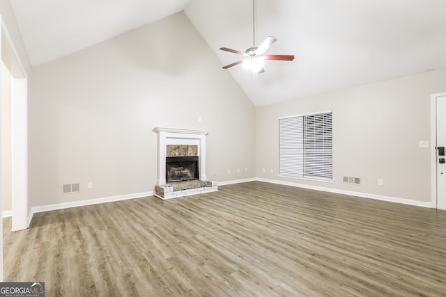 unfurnished living room featuring light hardwood / wood-style flooring, high vaulted ceiling, and ceiling fan