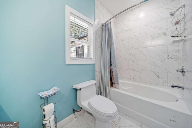 bathroom with toilet and shower / bath combo with shower curtain