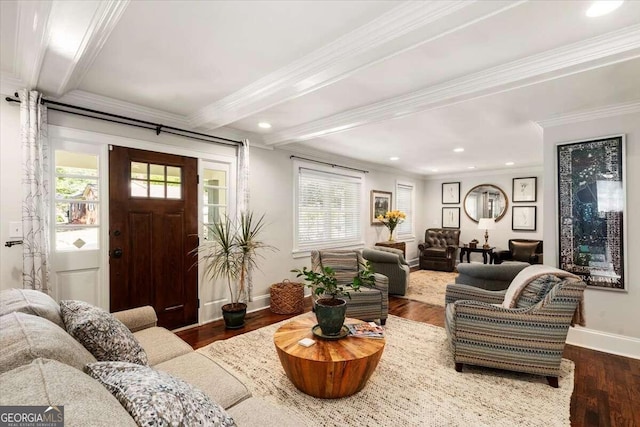 living room featuring crown molding, wood-type flooring, a wealth of natural light, and beam ceiling