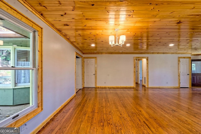 unfurnished room featuring hardwood / wood-style floors, a chandelier, and wooden ceiling