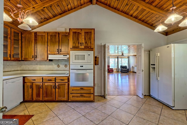 kitchen featuring high vaulted ceiling, wood ceiling, pendant lighting, and white appliances