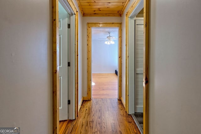 hallway with wood ceiling and light hardwood / wood-style floors