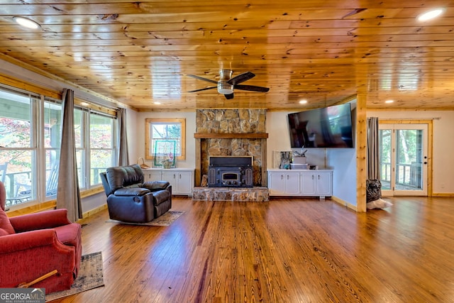 living room featuring a healthy amount of sunlight, hardwood / wood-style flooring, and wooden ceiling