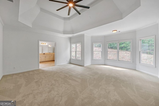 carpeted empty room with ceiling fan, a raised ceiling, and ornamental molding