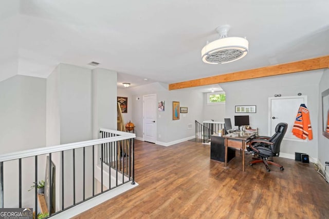 office space with vaulted ceiling and dark hardwood / wood-style floors