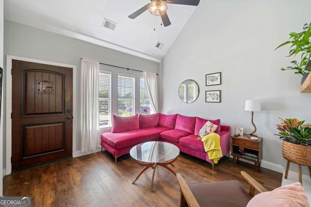 living room featuring ceiling fan, high vaulted ceiling, and dark hardwood / wood-style floors