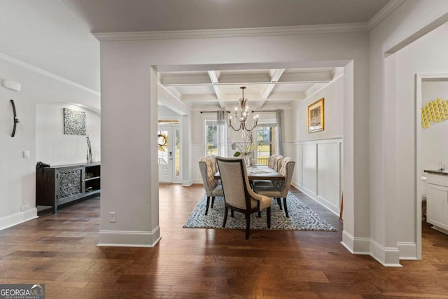 dining area featuring ornamental molding, beamed ceiling, coffered ceiling, and dark hardwood / wood-style flooring