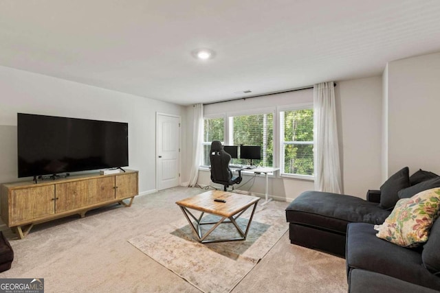 living room featuring light colored carpet