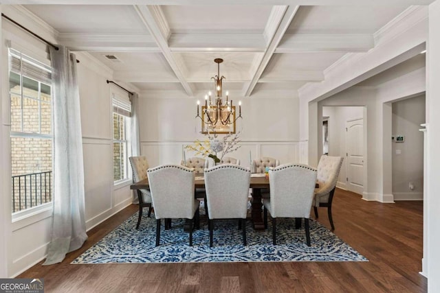 dining area with beam ceiling, dark hardwood / wood-style flooring, a chandelier, crown molding, and coffered ceiling