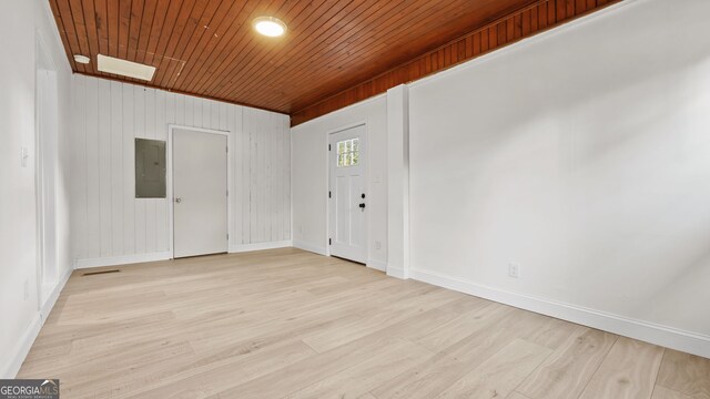 spare room with light wood-type flooring, a skylight, wood ceiling, electric panel, and wood walls