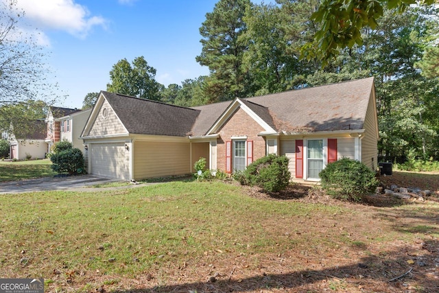 single story home featuring central air condition unit, a front lawn, and a garage