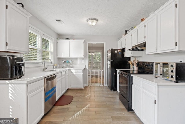 kitchen featuring black / electric stove, a wealth of natural light, dishwasher, and white cabinets