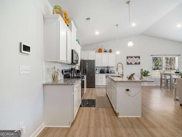 kitchen with stainless steel appliances, sink, pendant lighting, a center island with sink, and white cabinetry