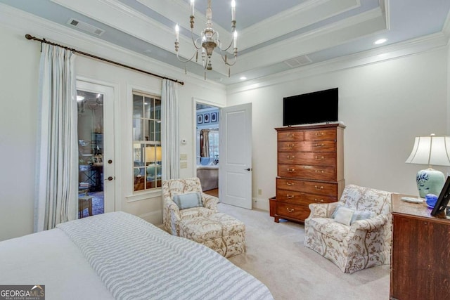 carpeted bedroom with crown molding, a tray ceiling, and an inviting chandelier