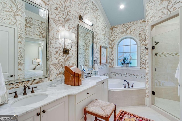 bathroom featuring vanity, crown molding, and plus walk in shower