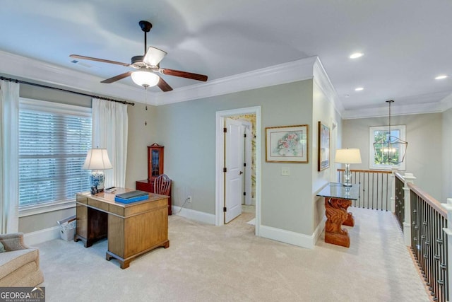 office space featuring ceiling fan with notable chandelier, ornamental molding, and light colored carpet