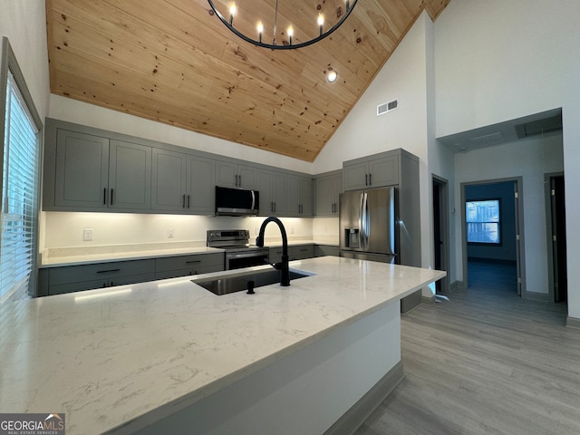 kitchen featuring light stone countertops, stainless steel appliances, high vaulted ceiling, and wooden ceiling