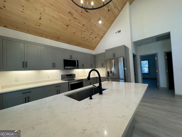 kitchen with wooden ceiling, sink, light stone countertops, appliances with stainless steel finishes, and high vaulted ceiling