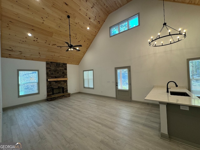 unfurnished living room with light hardwood / wood-style flooring, a healthy amount of sunlight, high vaulted ceiling, and wooden ceiling