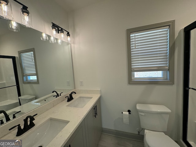 bathroom featuring vanity, hardwood / wood-style flooring, and toilet