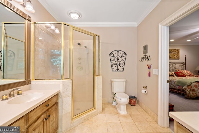 bathroom with toilet, ornamental molding, a shower with shower door, vanity, and tile patterned floors