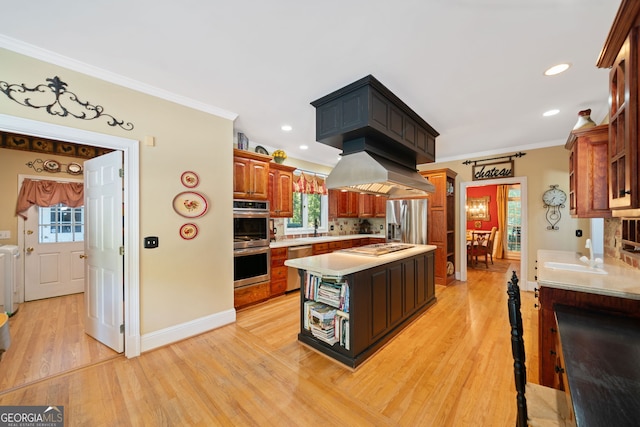 kitchen with island exhaust hood, light wood-type flooring, stainless steel appliances, crown molding, and a center island