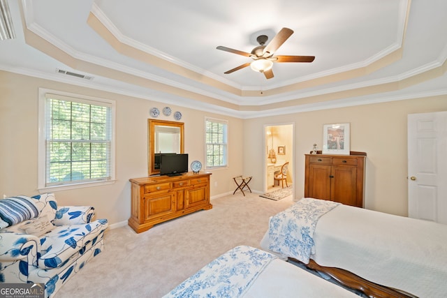 bedroom featuring multiple windows, ceiling fan, and crown molding