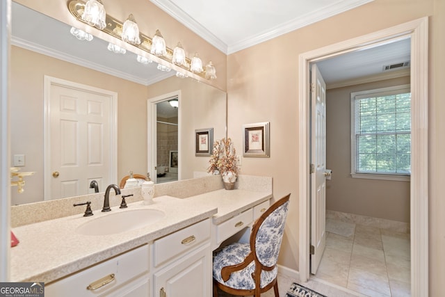 bathroom featuring vanity, tile patterned floors, ornamental molding, and walk in shower