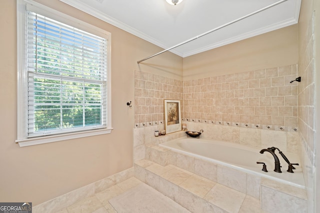 bathroom featuring crown molding and plus walk in shower