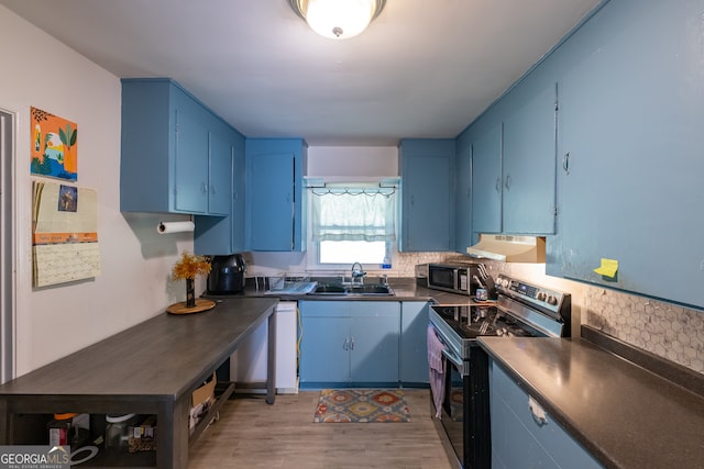 kitchen with sink, light hardwood / wood-style floors, stainless steel appliances, blue cabinetry, and decorative backsplash