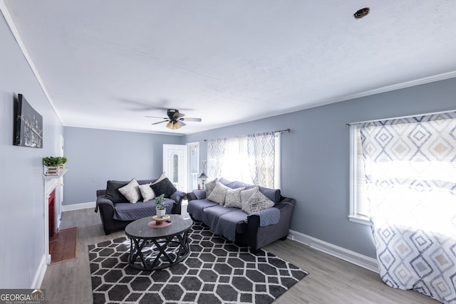 living room featuring ceiling fan and hardwood / wood-style flooring