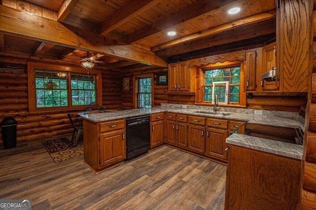 kitchen featuring sink, dishwasher, kitchen peninsula, and a healthy amount of sunlight