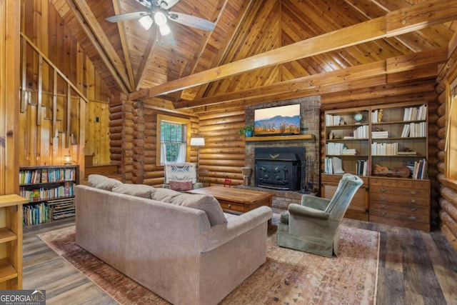 living room featuring vaulted ceiling with beams, dark wood-type flooring, a wood stove, wooden ceiling, and log walls