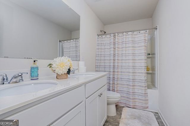 full bathroom with toilet, vanity, and shower / bath combination with curtain